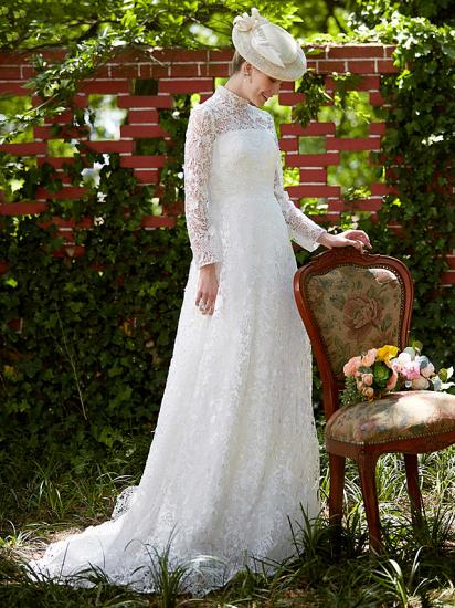Illusion A-Line Wedding Dress Floral Lace Long Sleeve Bridal Gowns Court Train_7