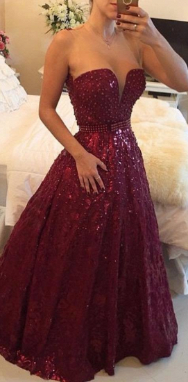A-Line Burgundy Sweetheart Crystal Evening Dress with Beadings Open Back Floor Length Prom Gowns