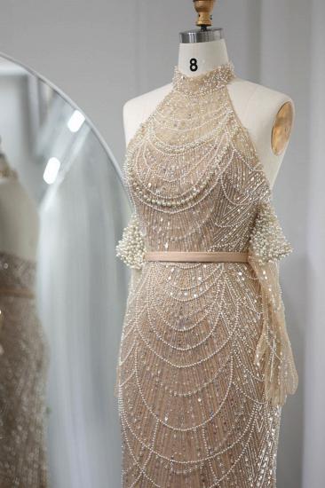 Luxus Neckholder Pailletten Perlen Meerjungfrau Abendkleider Champagner Langes Partykleid für Hochzeit_4