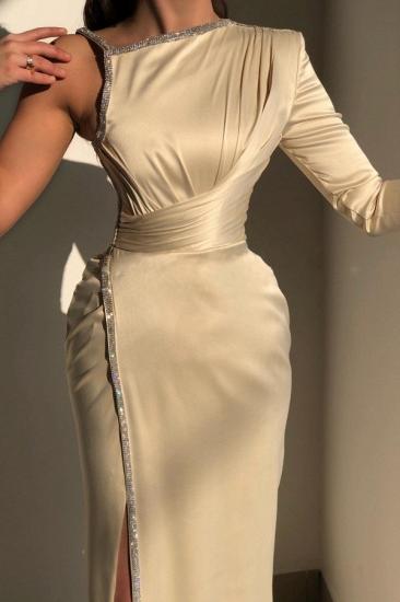 One shoulder long sleeves ivopry column high split prom dress_3
