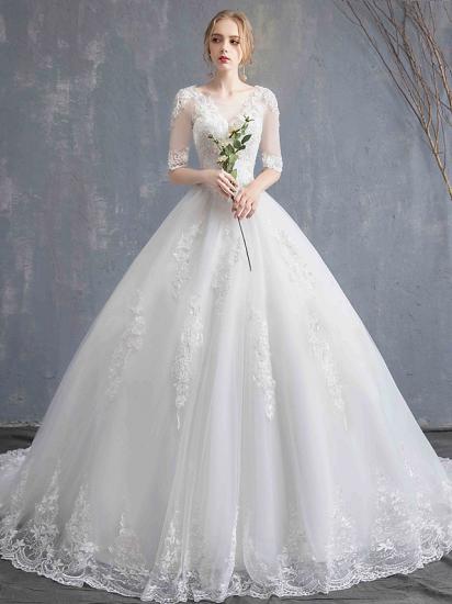 Glamouröses durchsichtiges Ballkleid-Hochzeitskleid U-Ausschnitt-Spitze Tüll Pailletten Halbarm-Brautkleider mit Kapellenschleppe_8