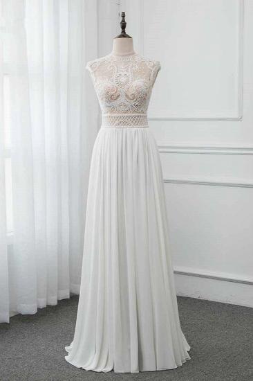 TsClothzone Chic Jewel Chiffon Ruffle White Wedding Dresses Lace Top Sleeveless Bridal Gowns with Pearls