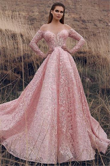 Pink Off-The-Shoulder Long-Sleeves Lace Applique Princess A-Line Prom Dresses