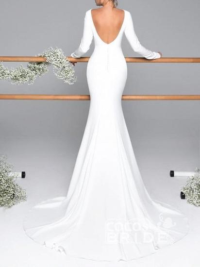 Elegantes Meerjungfrau-Hochzeitskleid mit langen Ärmeln, sexy Brautkleidern mit offenem Rücken und Schleppe_2