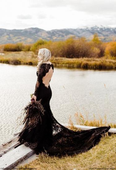 Black Long Sleeves Mermaid Wedding Gown Backless Lace Bridal Dress_2