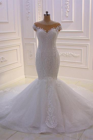 Off-the-Shoulder Sweetheart White Lace Appliques Tulle Mermaid Wedding Dress_1