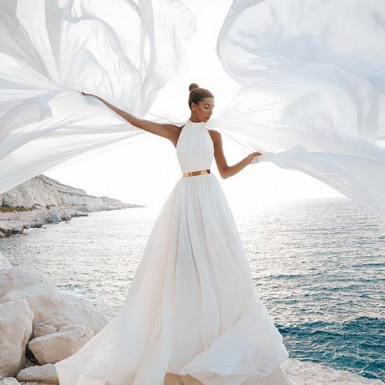 A-Line White Chiffon High-Neck Sleeveless Beach Wedding Dress_2