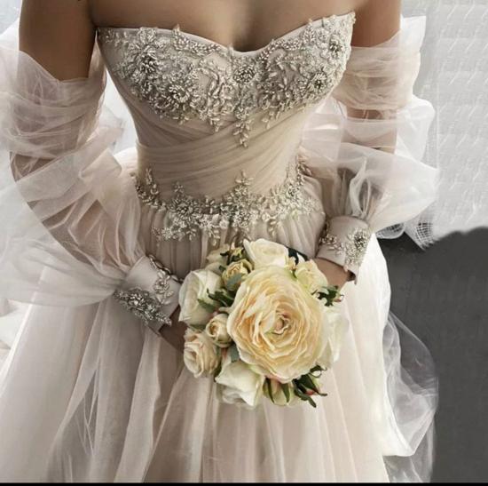 Romantic Off-the-Shoulder Sweetheart Tulle Bridal Dress Aline Princess Wedding Dress_3