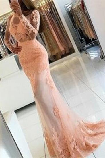 Long Sleeve Coral Lace Formal Dress 2022 Appliques Newest High Neck Mermaid Prom Dress