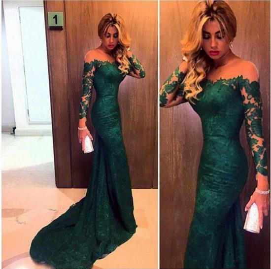 2022 Dark Green Prom Dresses Long Sleeve Lace Sheath Evening Gown Bag258_3