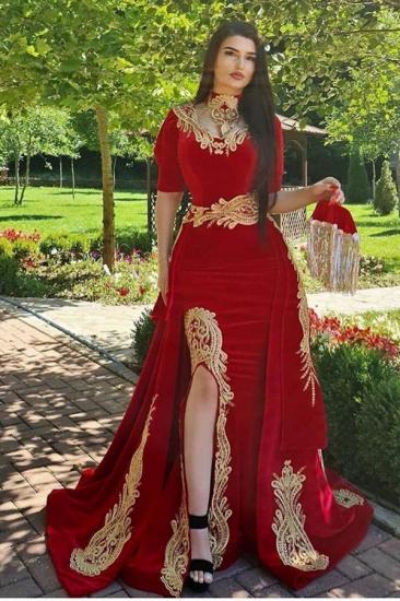 Gorgeous Halter Red Velvet Mermaid Evening Gown with Gold Appliques Half Sleeves_1