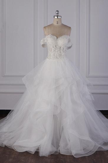 TsClothzone Stylish Off-the-Shoulder Tulle Lace Wedding Dress Strapless Appliques Ruffles Beading Bridal Gowns On Sale
