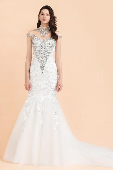 Sparkle High neck Mermaid Silver Beaded White Wedding Dress_3