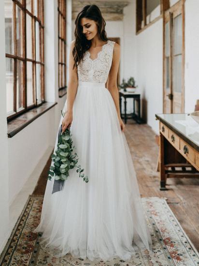Elegant V Neck Tulle White Lace Sleeveless A-Line Wedding Dresses_4