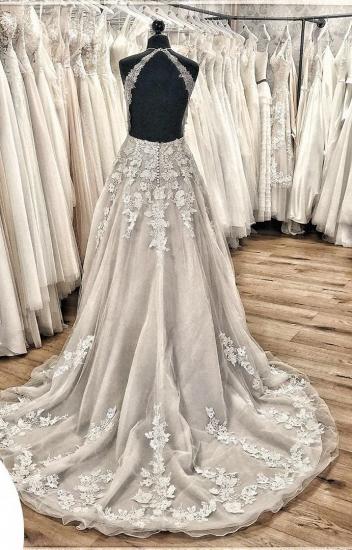 Halter Tulle Floral Lace A-line Wedding Reception Dress_3