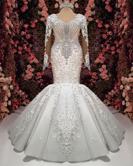 Sexy V-neck Longsleeves Lace Wedding Dresses With Appliques White Mermaid Bridal Gowns_1