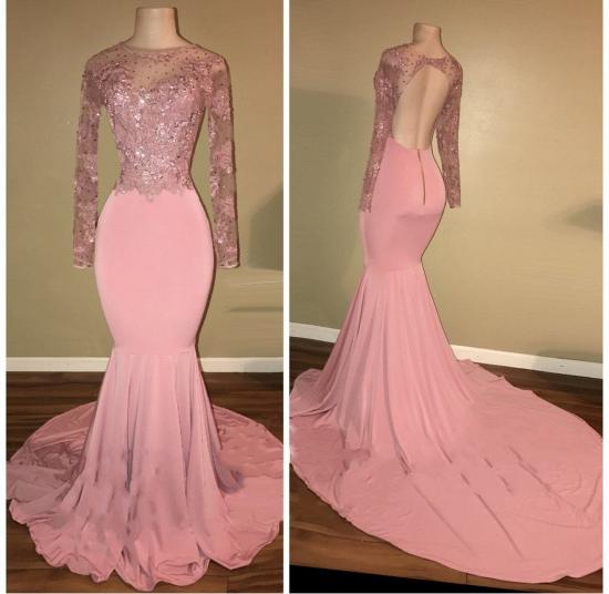 Pink Long-Sleeves Backless Beaded Mermaid Sparkly Prom Dresses_2