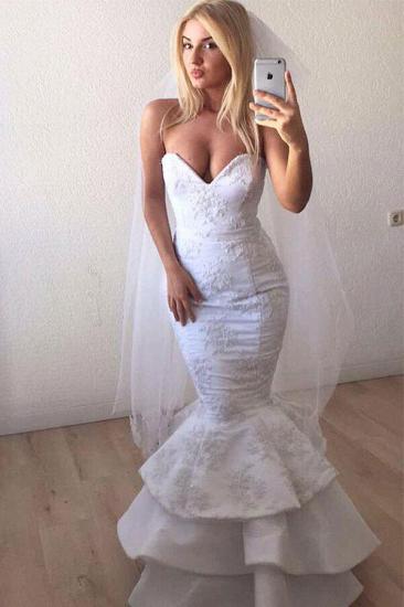 Sexy Schatz weißer Spitze Applikationen Meerjungfrau Rüschen langes Hochzeitskleid