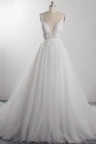 TsClothzone Sexy A-Line Spaghetti Straps Tulle Wedding Dress Deep-V-Neck Appliques Sleeveless Bridal Gowns Online