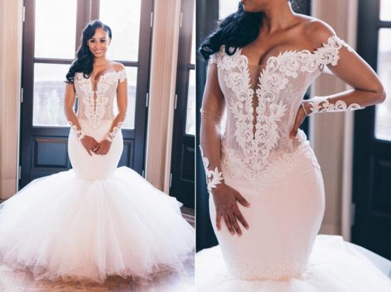 Off the Shoulder Mermaid Wedding Dress | Lace Appliques Elegant Long Sleeve Bridal Gowns_3