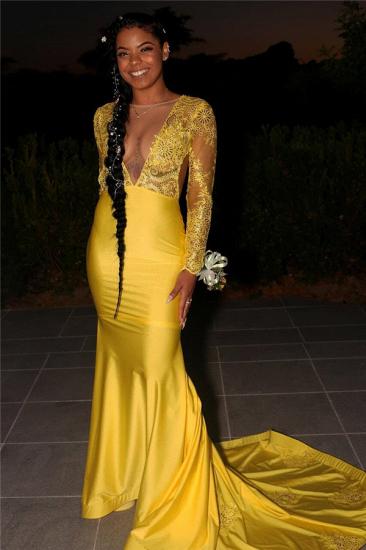 Sexy Round Neck Lace Sleeves Intimate Prom Dresses | Yellow Party Gowns