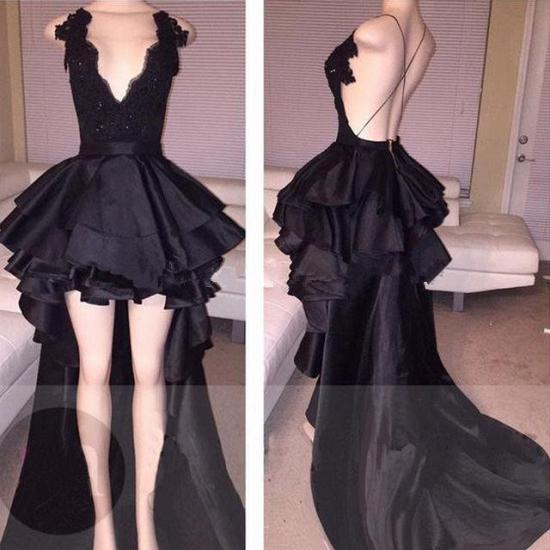 Sexy Abendkleid aus schwarzer Spitze 2022 mit V-Ausschnitt und offenen Rückenträgern, kurzes Ballkleid mit langer Schleppe_3