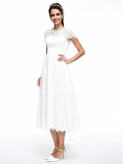 A-Line Wedding Dresses Jewel Neck Tea Length Lace Short Sleeve Simple Casual Illusion  Backless_5