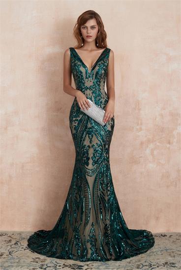 Green Evening Dress Long V Neck | Prom dress with glitter_1