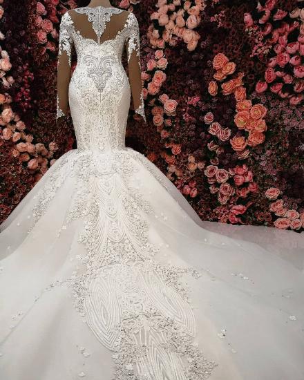 Luxury Crystals Mermaid Bridal Gowns | Long Sleeves Chapel Train Wedding Dresses_4