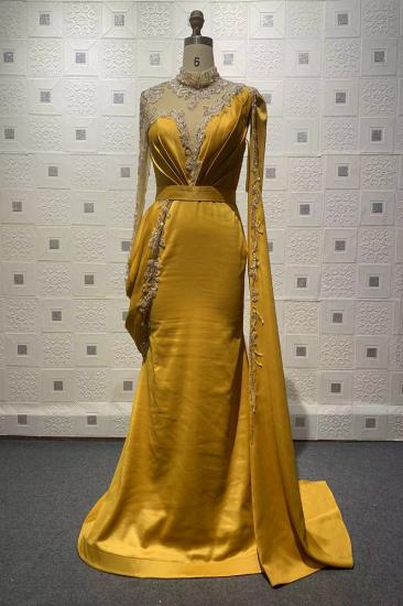 Luxuriöses Meerjungfrau-Abendkleid aus Goldsatin mit V-Ausschnitt, langen Ärmeln, Kristall-Silberapplikationen, Partykleid_2