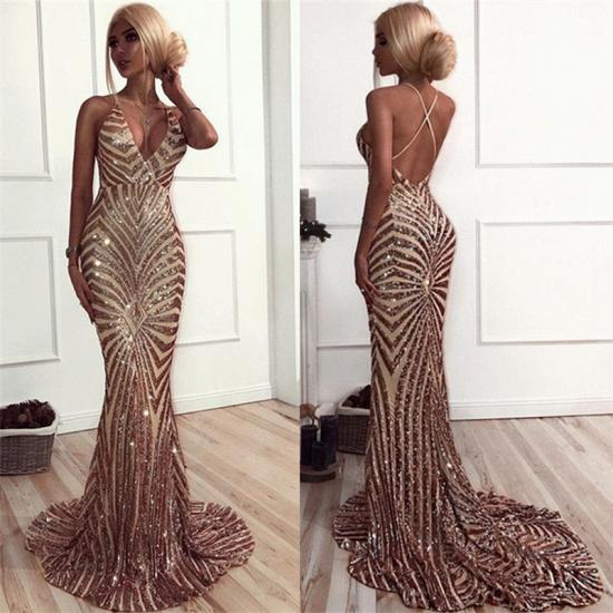 Sexy Champagne Stripes Formal Evening Dress | V-neck Open Back Ball Dress with Long Train_5