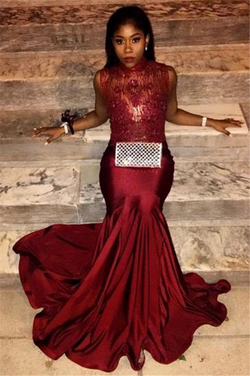 Mermaid Burgundy Lace Appliques Prom Dresses | High Neck Sexy Sleeveless Evening Gown Online_1