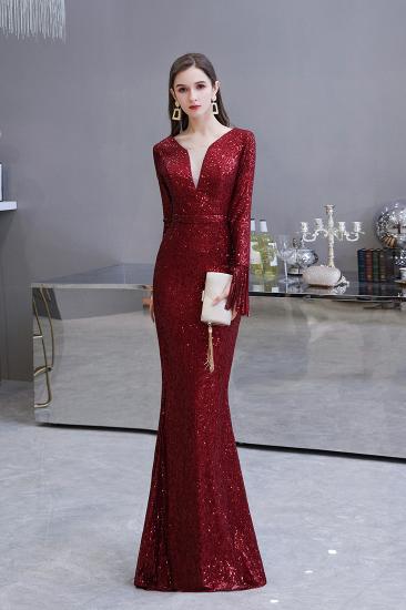 Elegant Sparkle Sequined Burgundy Long sleeve V-neck Mermaid Long Prom Dress_15