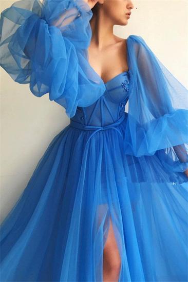 Sexy Long Sleeves Sweetheart See Through Bodice Prom Dress | Front Slit Blue Long Prom Dress_3