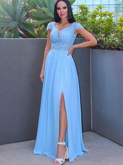 Cap sleeves sky blue high split prom dress with lace appliques_2