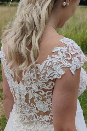 Elegantes, weißes, langes A-Linien-Tüll-Hochzeitskleid aus Spitze_5