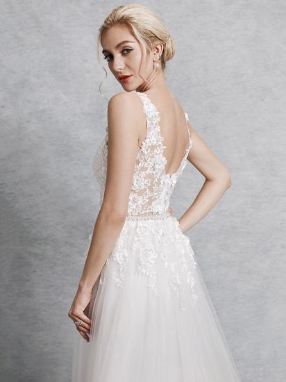 Romantic A-Line Wedding Dress V-Neck Lace Satin Tulle Straps Backless Bridal Gowns Illusion Detail with Court Train_6