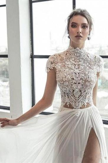 High neck Cap sleeves Ivory Chiffon Split Wedding Dress | Elegant Long Bridal Gown_4