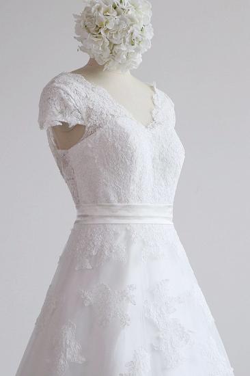 Glamouröses Kurzarm-Spitzenhochzeitskleid mit V-Ausschnitt | Weiße Tüll-Brautkleider in A-Linie mit Applikationen_6