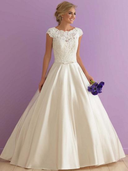 A-Line Wedding Dress Jewel Floor Length Satin Cap Sleeve Bridal Gowns Country Casual Illusion Detail