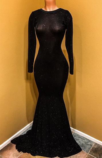 Open Back Black Long Sleeve Prom Dress 2022 | Sequins Sheath Evening Dress with Long Train_1