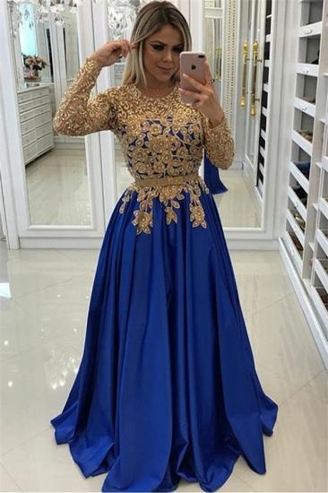 Gold Beads Lace Appliques Evening Dress with Sleeves | Royal Blue Cheap Prom Dresses 2022