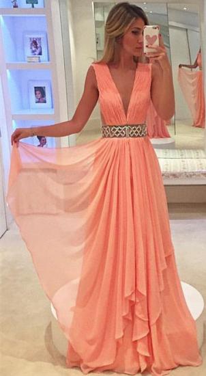 Deep V-neck Coral Chiffon Formal Evening Dresses 2022 Beaded Belt Prom Dress_2