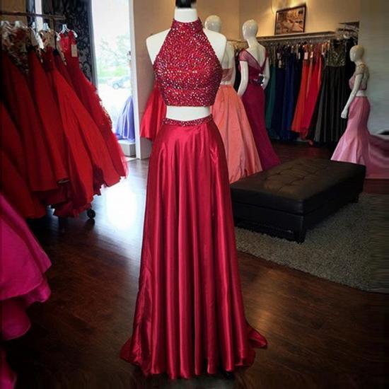 Red High Neck Two Piece Evening Dresses Online Sleeveless Split Prom Dress with Beads_3