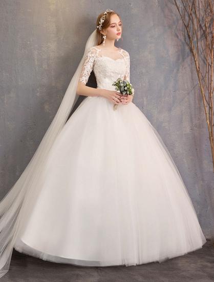 Elegant Half Sleeves Lace Tulle White Ball Gown Wedding Dresses_5