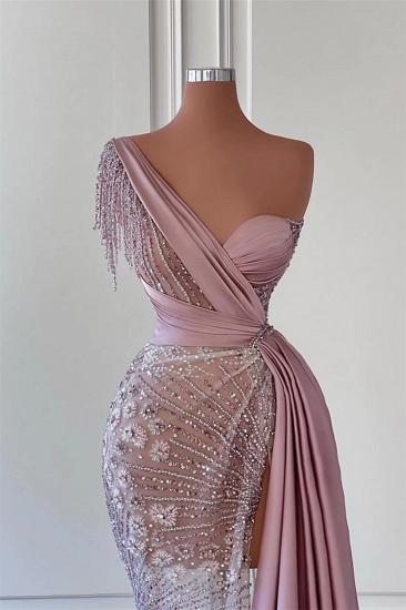 One shoudler Pink Pleats Long Prom Dresses_2