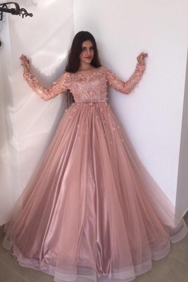 Long sleeves Floral Blow Dusty Pink Ball Gown Tulle Prom Dresses