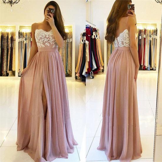 2022 Spaghetti Straps Pink Prom Dresses Cheap | Open Back Lace Chiffon Slit Formal Evening Gown_3