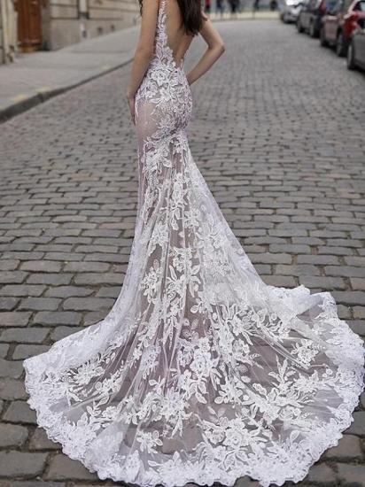 Sexy A-Line Wedding Dresses Plunging Neck Detachable Lace Tulle Chiffon Bridal Gowns Romantic Sweep Train_2
