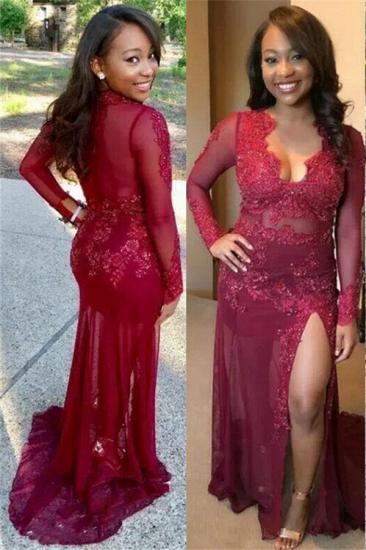 2022 Sexy See Through Lace Prom Dress | Long Sleeve Side Slit Burgundy Evening Gown